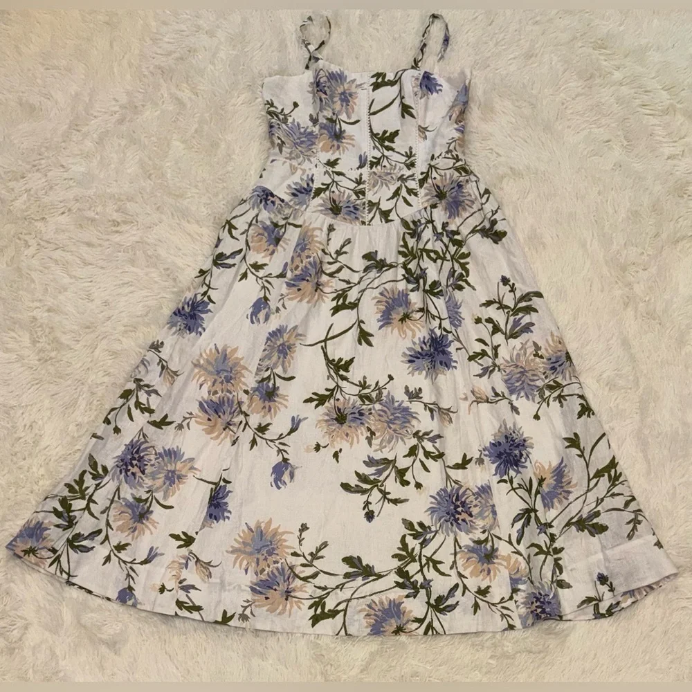 New Reformation Katarin Floral Linen A-Line Serenity Print Midi-Dress sz 12 - Picture 3 of 9